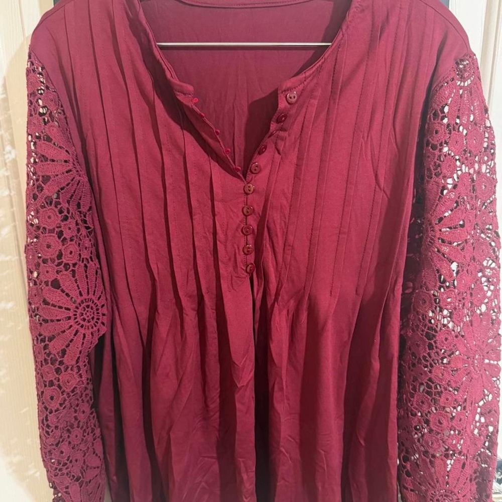 Temu Burgundy Lace Long Sleeve Button Up Blouse Top Plus Size 3XL Burgundy Red